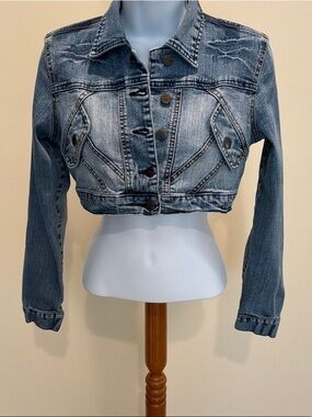 Younique Denim Jacket with Pink Embroidered Logo vintage super cropped size M